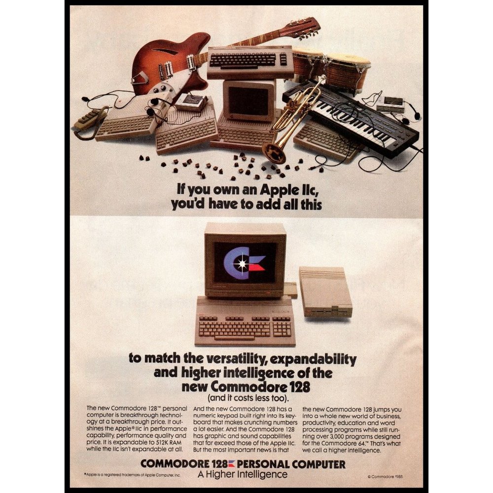 1985 Commodore 128 Personal Computer PC Vintage Print Ad Guitar Trumpet Wall Art